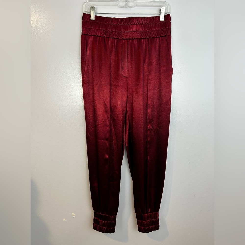 Cinq A Sept Deep Wine Red Satin High Rise Jogger Pants Size Small
